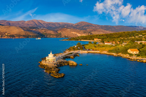 Aerial view of Lighthouse of Saint Theodore in Lassi, Argostoli, Kefalonia island in Greece. Saint Theodore lighthouse in Kefalonia island, Argostoli town, Greece, Europe.
