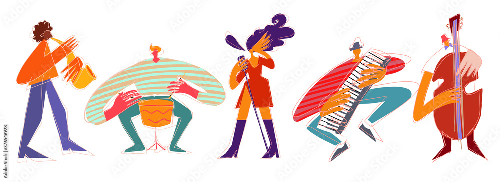 Cartoon jazz musicians and vocalist in modern style isolated on white background Cartoon jazz musicians and vocalist in modern style isolated on white background
