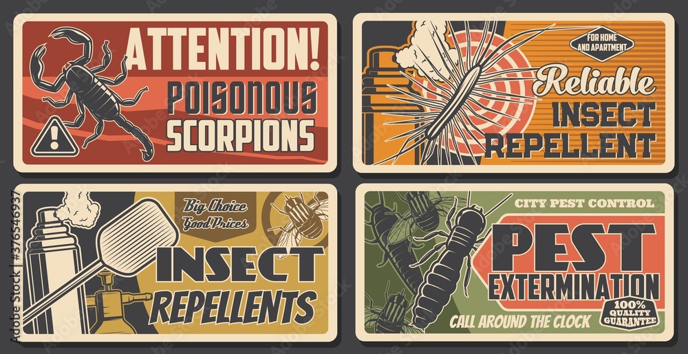 Pest extermination, insect repellents, scorpio attention sign. House disinsection, Vector centipede, silverfish, termite and flies fumigation. Domestic pest control service retro vintage posters
