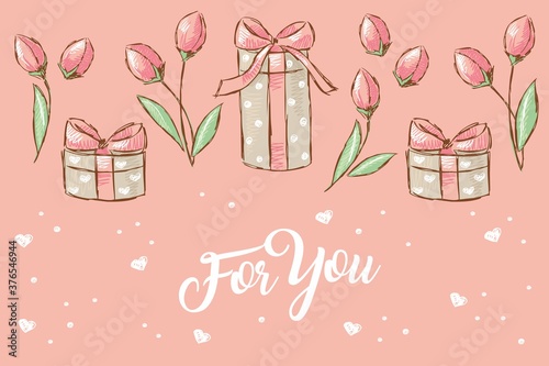 Tulips and gifts on a pink background with white hearts, 'For you", hand-drawn.