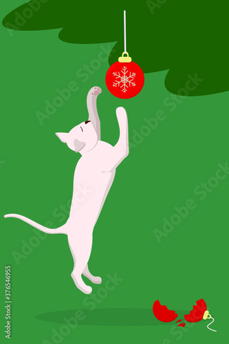 illustration with a cat that jumps and smashes Christmas toys