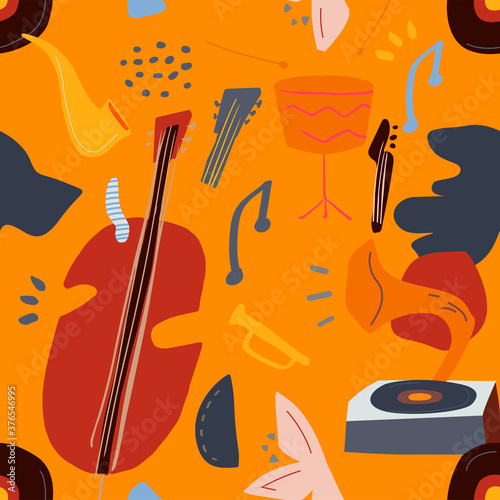 Cartoon musical instruments create jazz poster, cover album, event, cloth, in modern style