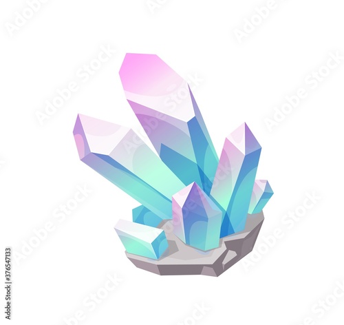 Magic crystal gem, vector blue with pink jewel rock mineral stone. Isolated natural turquoise gemstone chalcedony, aquamarine, amazonite or zircon. Cartoon jewelry, game crystal icon
