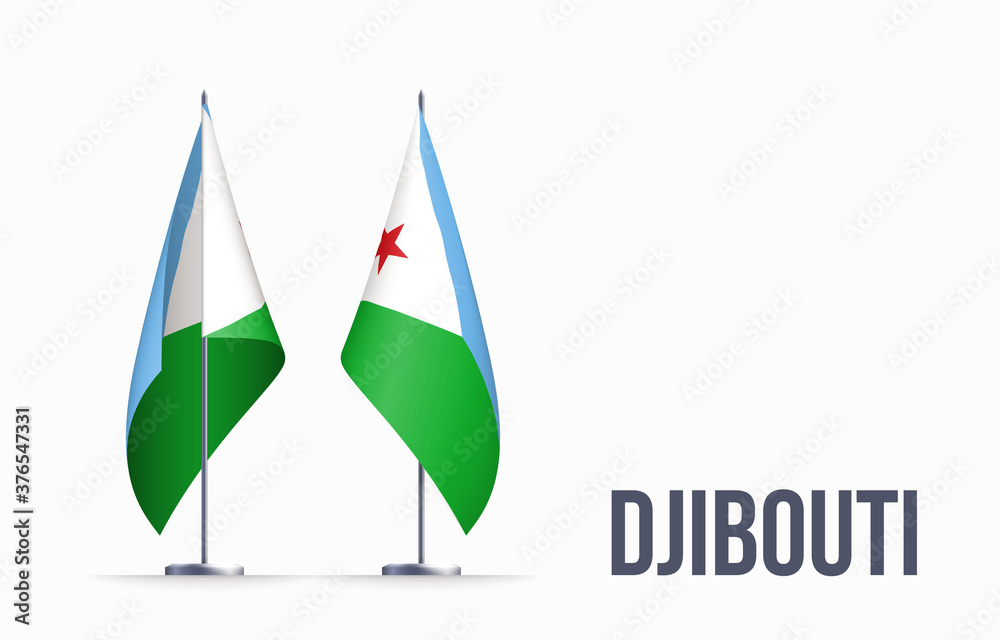 Djibouti flag state symbol isolated on background national banner. Greeting card National Independence Day of the Republic of Djibouti. Illustration banner with realistic state flag. Djibouti flag state symbol isolated on background national banner. Greeting card National Independence Day of the Republic of Djibouti. Illustration banner with realistic state flag.