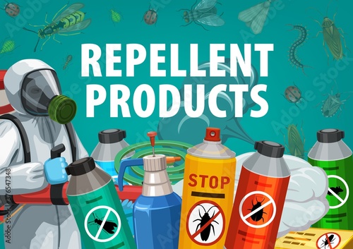 Disinsection, insect control with repellent products vector poster. Worker spraying insecticide with cold fogger against insects. Pest exterminator in protective suit spray aerosols and toxic remedy