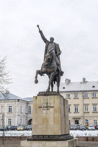 Statue of John Zamoyski (Jan Zamoyski) - founder of Zamosc city in front of Palace Zamoyski. Zamosc - example of a Renaissance town in Central Europe, UNESCO World Heritage List. Zamosc, Poland.