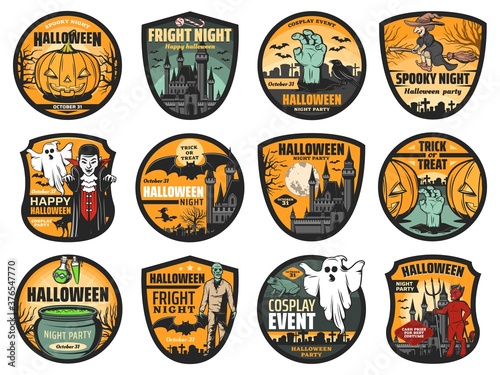 Halloween pumpkin, ghost and zombie vector badges. Horror night haunted houses with bats, moon and witch, Dracula vampire and trick or treat candies, devil demon and potion cauldron, Halloween themes