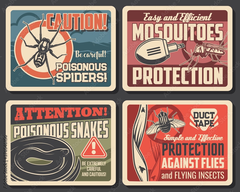 Mosquito and flies protection, snakes and spider danger vector signs