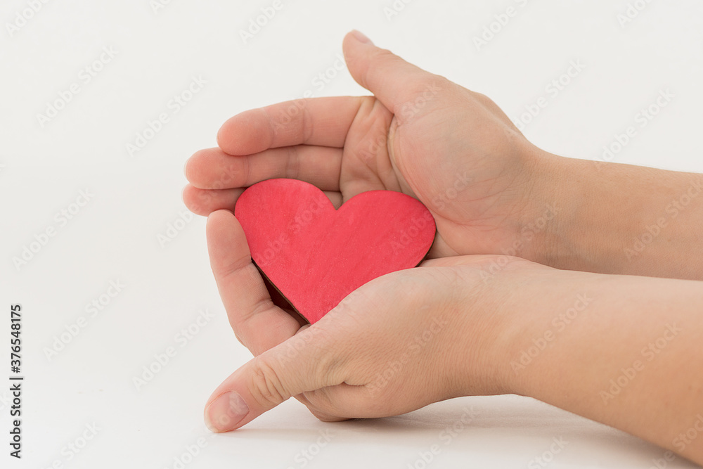 Close-up on a white background, female hands, in which lies a red wooden heart. The concept is to give life and love, care and mercy. Horizontal photo.