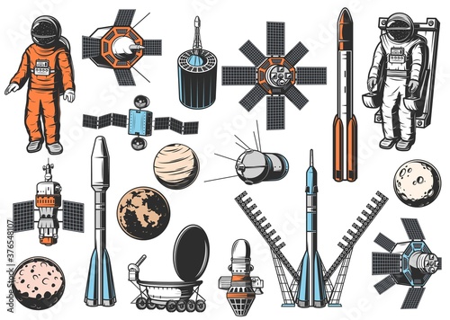 Space exploration icons set. Astronaut in spacesuit on maneuvering unit, natural and artificial satellites, rocket booster, spaceships and solar system planets, exploration rover isolated vectors