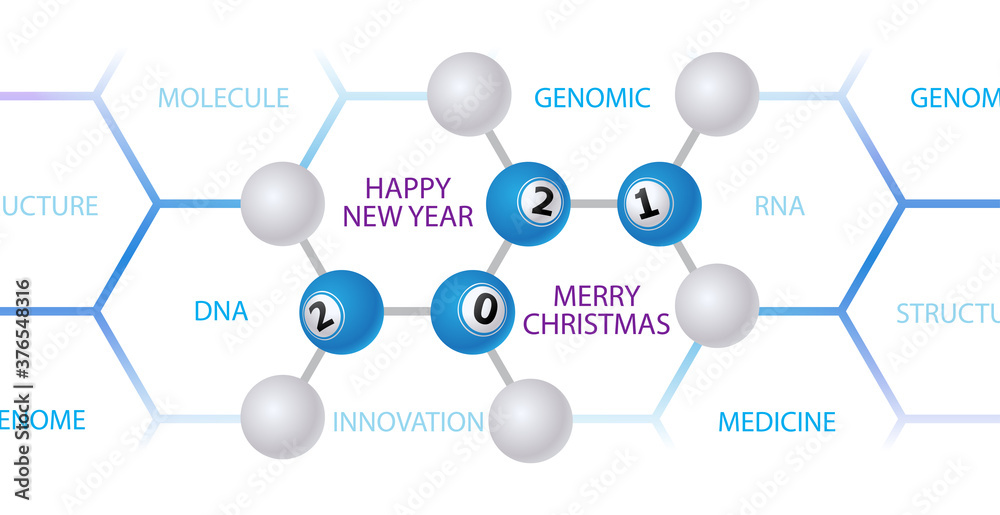 Christmas banner. structure of DNA, RNA with number 2021 on a white background. Merry Christmas and Happy New Year greetings concept in the field of medicine, science. Vector, illustration Christmas banner. structure of DNA, RNA with number 2021 on a white background. Merry Christmas and Happy New Year greetings concept in the field of medicine, science. Vector, illustration