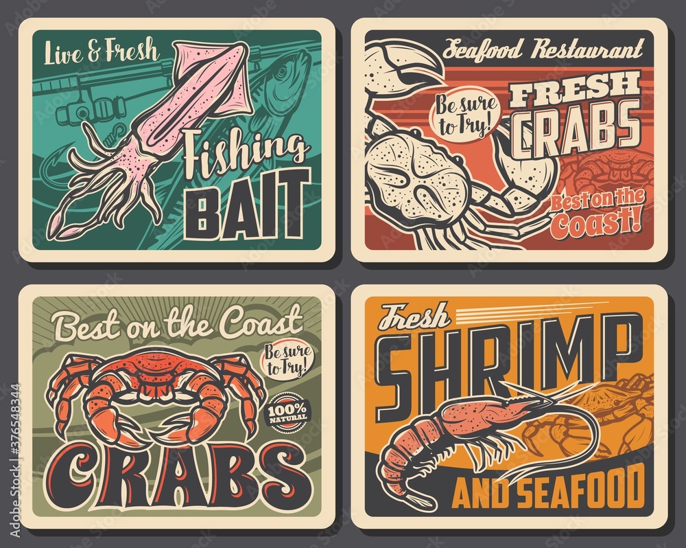 Shrimp, crab and squid vector retro posters, seafood restaurant production, underwater and open ocean crustacean and mollusc animals. Fishing club, fisherman baits. Sport competition outdoor activity