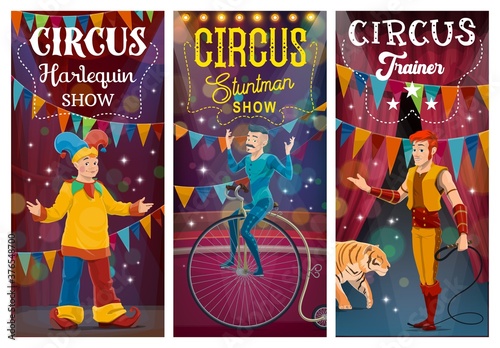 Big Top tent circus artists, performers cartoon characters. Clown in harlequin costume, tiger tamer or handler with whip, acrobat balancing on unicycle at circus arena. Circus show vector banner