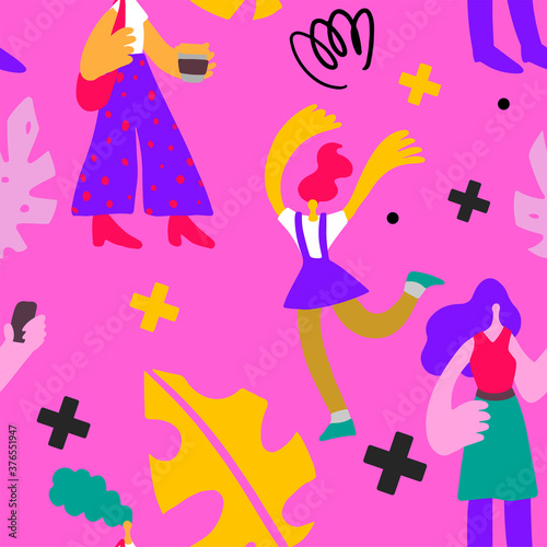 Cartoon woman with cup of coffee and exited girl seamless pattern on pink background