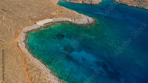 Aerial drone photo of secluded beaches unspoiled by tourism in Southern part of mainland Greece - Cape Matapan or Tainaro, Mani, Peloponnese, Greece