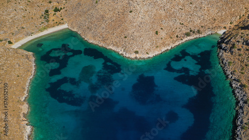 Aerial drone photo of secluded beaches unspoiled by tourism in Southern part of mainland Greece - Cape Matapan or Tainaro, Mani, Peloponnese, Greece