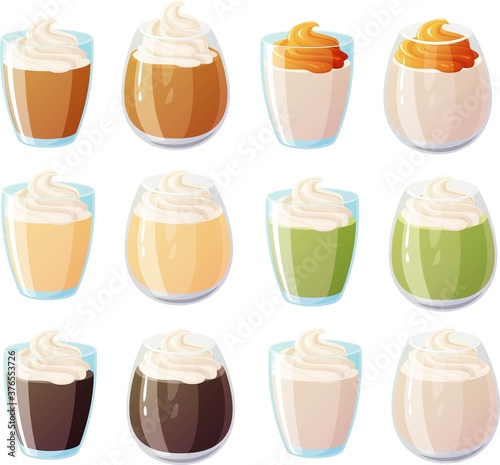 Vector illustration of various hipster drinks dalgona coffee, matcha in glasses isolated on white background