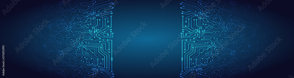 Wide perspective High-tech technology background texture. 3d Circuit board vector illustration. Microelectronics and engineering concept. - obrazy, fototapety, plakaty 