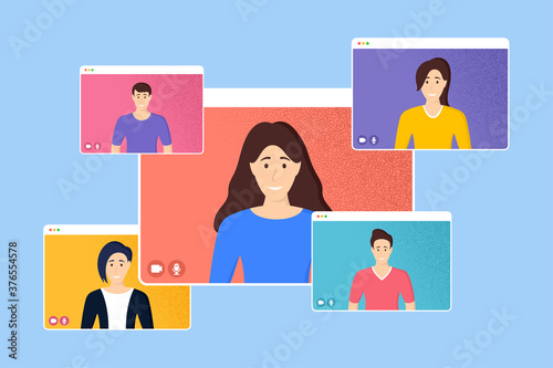 Video conference on web screen. People working from home. Online business office. Web video conference call. Remote working during quarantine. Group of people online. Remote learning. Vector