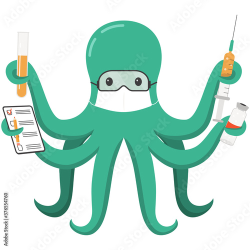 Cartoon doctor octopus do medical research of coronavirus vaccine. Scientist in mask vaccinate people with syringe, vial, falcon, notebook in tentacles. Pandemic vaccination and treatment.