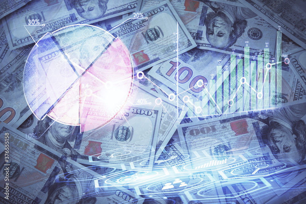 Double exposure of forex graph drawing over us dollars bill background. Concept of financial markets. Double exposure of forex graph drawing over us dollars bill background. Concept of financial markets.
