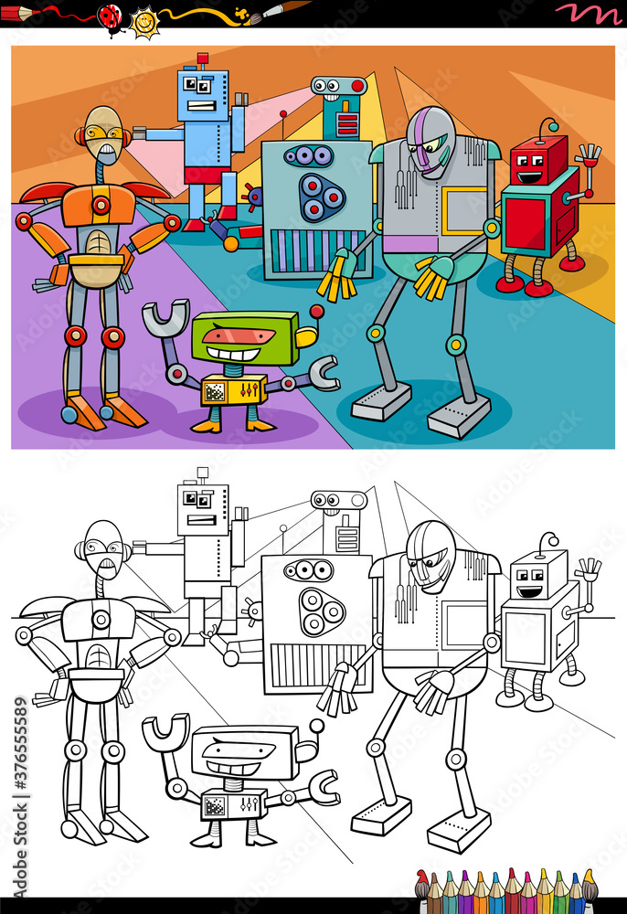 cartoon robots fantasy characters coloring book page