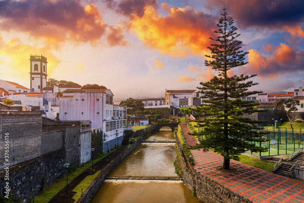 Panoramic cityscape view to Municipality and central square Of Ribeira Grande, Sao Miguel, Azores, Portugal. Central square of Ribeira Grande, Sao Miguel, Azores, Portugal. Panoramic cityscape view to Municipality and central square Of Ribeira Grande, Sao Miguel, Azores, Portugal. Central square of Ribeira Grande, Sao Miguel, Azores, Portugal.