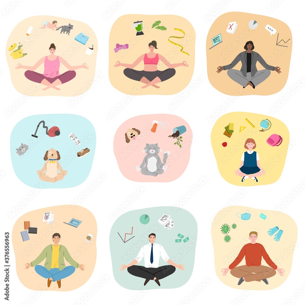 Set of people and animals trying to concentrate and meditating Set of people and animals trying to concentrate and meditating