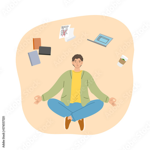 Man trying to concentrate and not to think about work aand articles and meditating