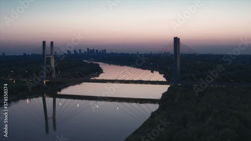 Hyperlapse aerial view of Warsaw panorama next to the Wisla river