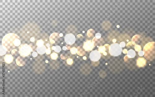 Bokeh gold on transparent background. Soft gradient circles and bubbles. Glowing smooth elements. Realistic blurred sparkles. Light effect isolated. Vector illustration