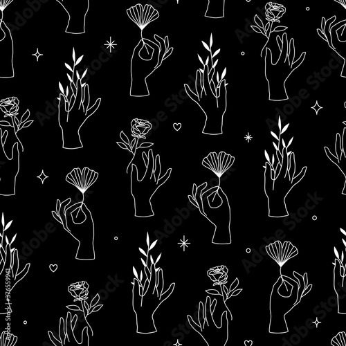 Vector seamless pattern of female hands in minimal linear style. Background with hand gesture holding rose flower, plants and gingko leaf for cosmetics, manicure, beauty, tattoo, spa, jewelry