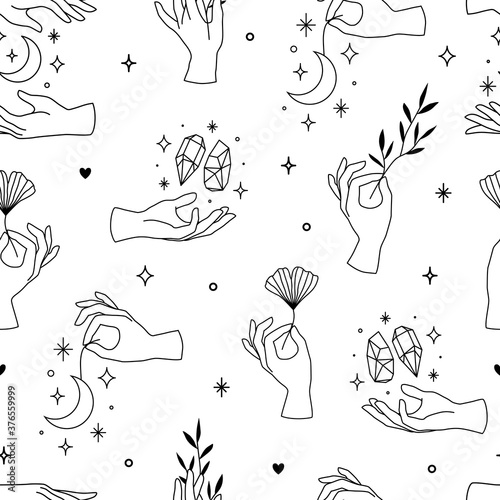 Vector seamless pattern of female hands in minimal linear style. Background with hand gestures, lotus, ginko leaf, crystals, moon and stars for cosmetics, manicure, beauty, tattoo, spa, jewelry