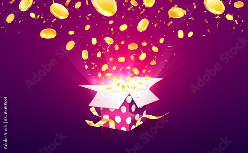 Winning money vector illustration. Casino online betting win. Gambling background. Gift box with coins explosion out