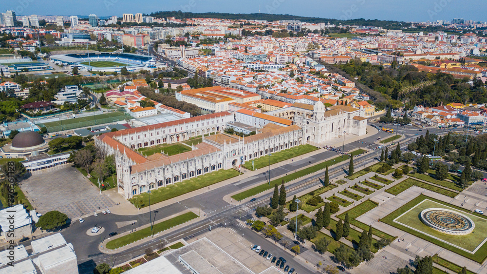 Lisbon. Aerial view of the Jerónimos Monastery and the garden of Império square, in the Belém neighborhood, Lisbon, Portugal