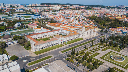 Fototapeta Naklejka Na Ścianę i Meble -  Lisbon. Aerial view of the Jerónimos Monastery and the garden of Império square, in the Belém neighborhood, Lisbon, Portugal