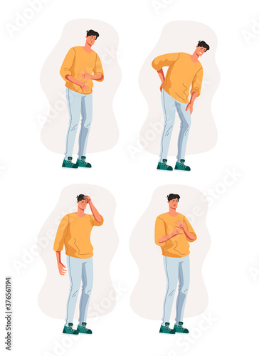 Man person character with different pain isolated set. Vector flat graphic design cartoon illustration