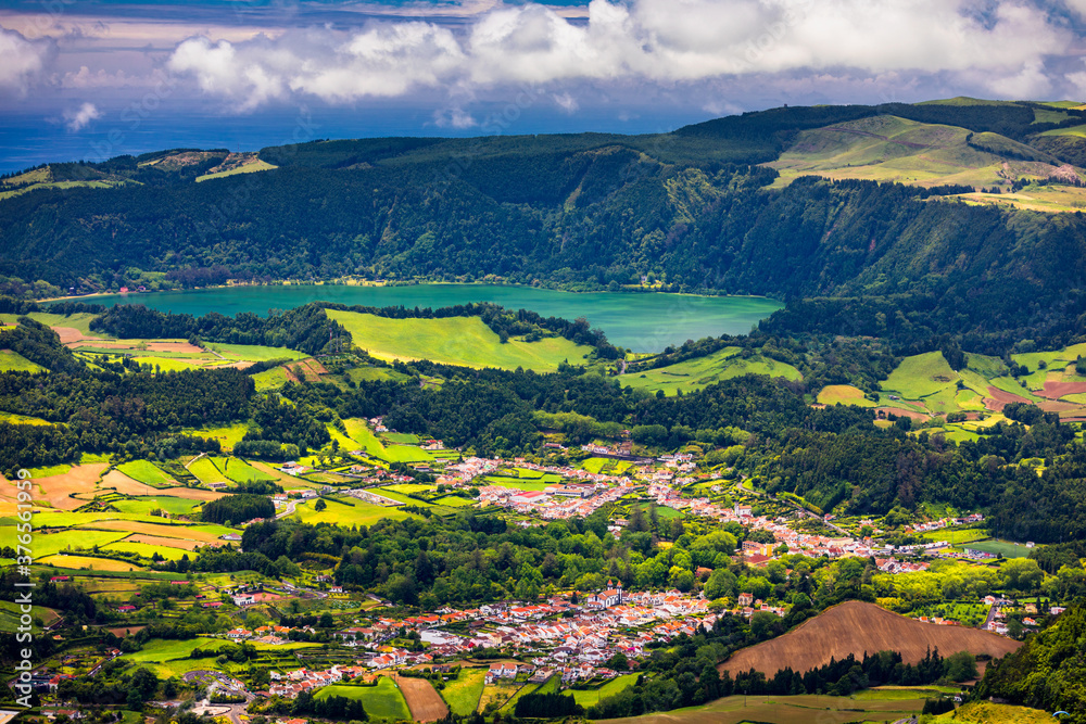 Landscape view in Salto do Cavalo (Horse Jump) with the Lagoon of Furnas in the Background, São Miguel island, Azores, Portugal. Miradouro do Salto do Cavalo in Sao Miguel, Azores, Portugal