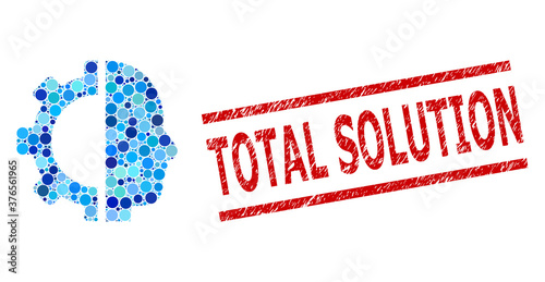 Circle collage cyborg gear and TOTAL SOLUTION scratched seal. Seal includes TOTAL SOLUTION text between parallel lines. Vector collage is based on cyborg gear symbol,