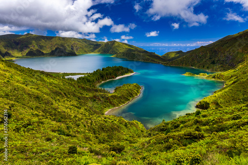 Beautiful panoramic view of Lagoa do Fogo lake in Sao Miguel Island, Azores, Portugal. "Lagoa do Fogo" in São Miguel Island, Azores. Panoramic image of Lagoa do Fogo, Sao Miguel, Azores, Portugal.