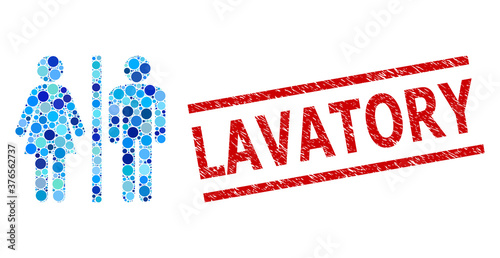 Round dot mosaic WC persons and LAVATORY corroded stamp imitation. Stamp includes LAVATORY title between parallel lines. Vector mosaic is based on WC persons icon,
