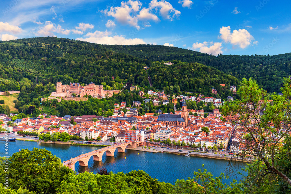 Heidelberg skyline aerial view from above. Heidelberg skyline aerial view of old town river and bridge, Germany. Aerial View of Heidelberg, Germany Old Town. Video of the aerial view of Heidelberg.