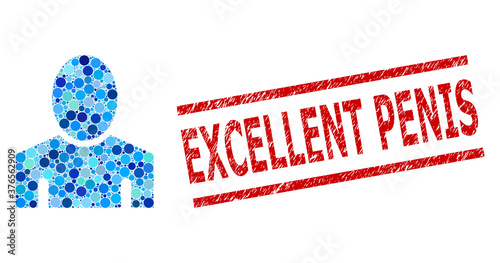 Rounded dot collage guy and EXCELLENT PENIS rubber stamp seal. Stamp seal includes EXCELLENT PENIS tag between parallel lines. Vector collage is based on guy symbol,