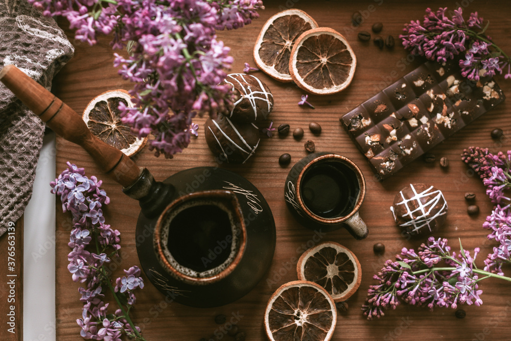 Still life with chocolate, lemons and lilac Still life with chocolate, lemons and lilac