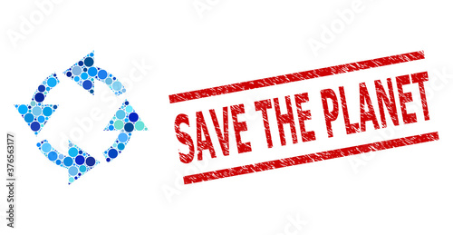 Round dot mosaic recycle and SAVE THE PLANET unclean stamp seal. Stamp seal includes SAVE THE PLANET text between parallel lines. Vector mosaic is based on recycle icon,