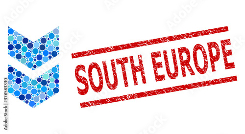Round dot mosaic shift down and SOUTH EUROPE rubber stamp imitation. Stamp seal includes SOUTH EUROPE caption between parallel lines. Vector mosaic is based on shift down symbol,