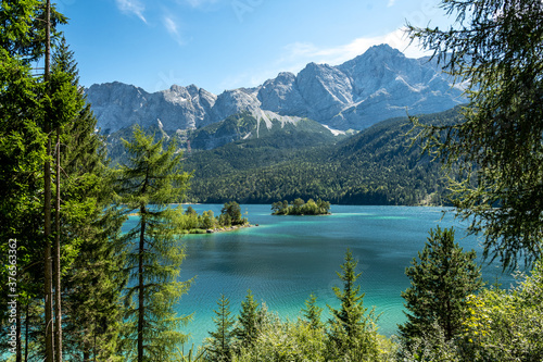 view on the beautiful zugspitze mountain and the eibsee