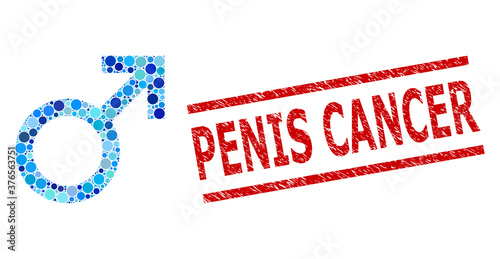 Round dot collage male symbol and PENIS CANCER unclean stamp seal. Stamp seal includes PENIS CANCER title between parallel lines. Vector mosaic is based on male symbol,