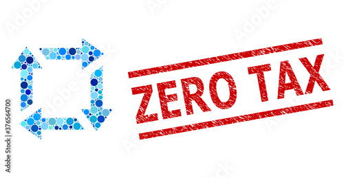Circle composition recycle and ZERO TAX textured stamp print. Stamp includes ZERO TAX text between parallel lines. Vector mosaic is based on recycle symbol, and designed from random blue circle dots.