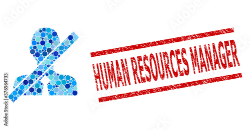 Circle mosaic closed clerk and HUMAN RESOURCES MANAGER rubber stamp imitation. Stamp includes HUMAN RESOURCES MANAGER tag between parallel lines. Vector collage is based on closed clerk symbol,